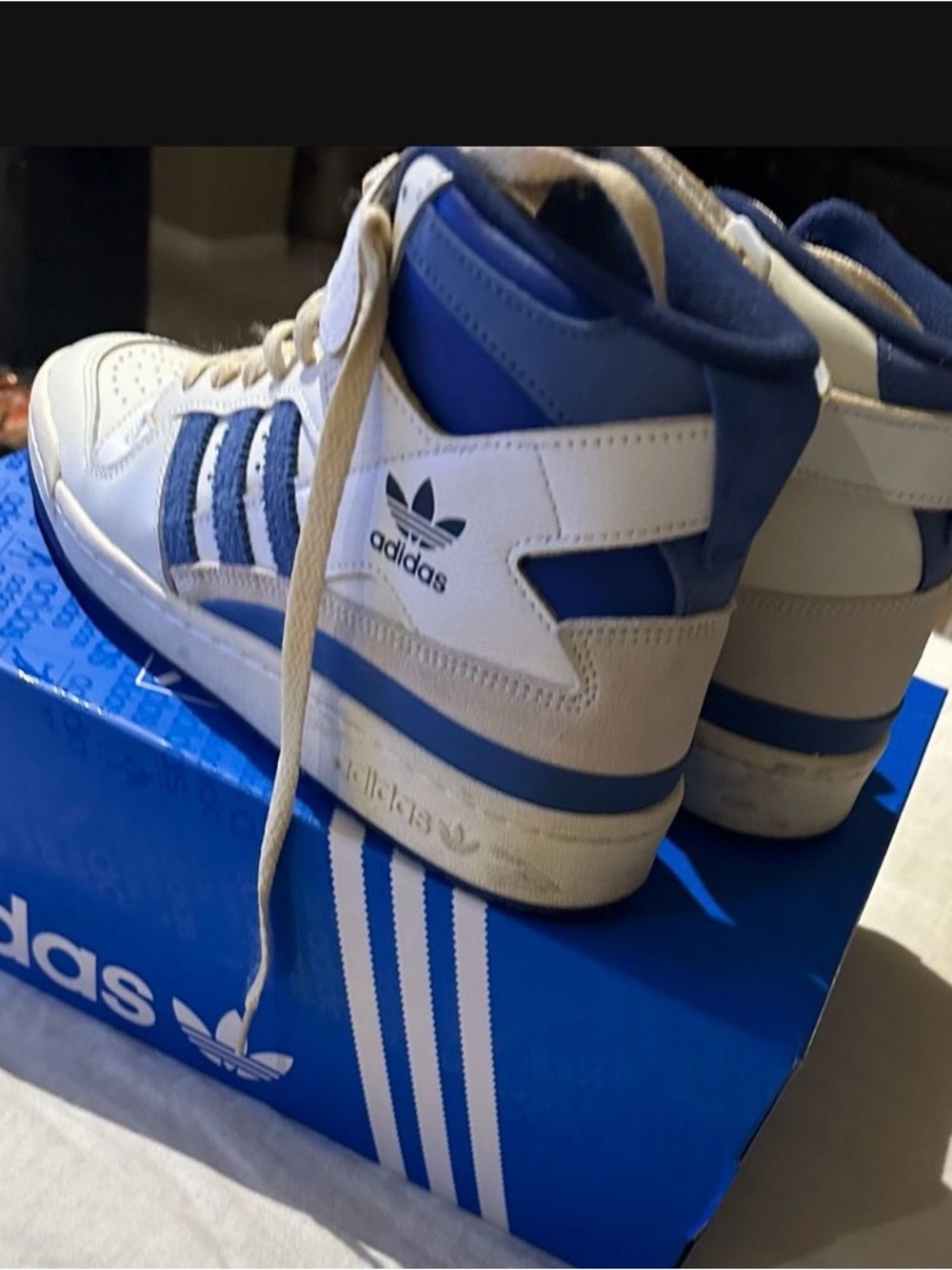 adidas White and Blue High-Top Sneakers